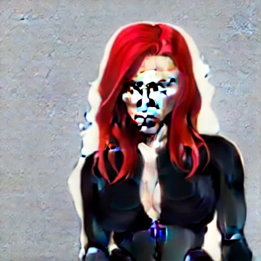 Image similar to phil noto, pretty scarlett johansson black widow, symmetrical eyes, long red hair, full body, city rooftop