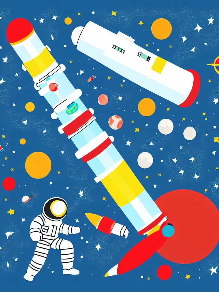 Image similar to editorial illustration scientific lab test tube telescope microscope astronaut spaceship, colorful modern, mads berg
