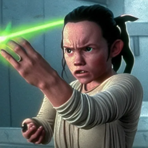 Image similar to a film still of rey skywalker when she finds out baby yoda died in star wars realistic, detailed