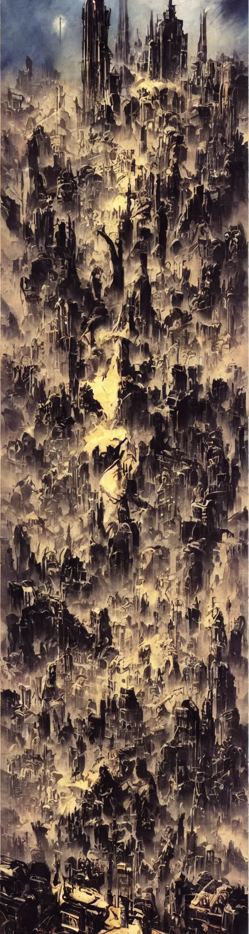 Image similar to a city by frank frazetta