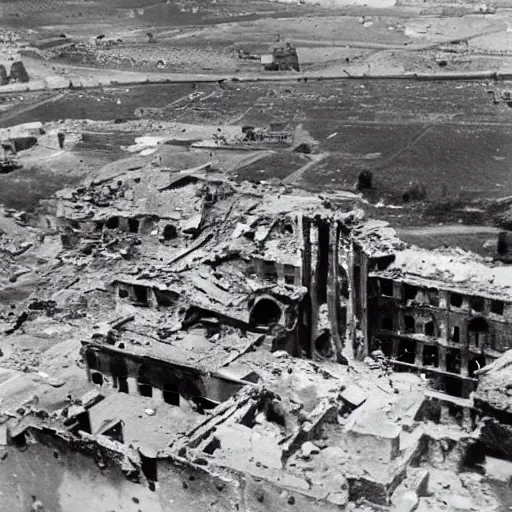 Prompt: an aerial photo of bombed italy, with bomb falling down, explosion, ruins, fire,