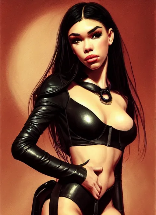 Prompt: portrait of madison beer as a sultry domina, collar and leash, leather, greek, intricate, headshot, madison beer face, highly detailed, digital painting, artstation, concept art, sharp focus, cinematic lighting, illustration, art by artgerm and greg rutkowski, frank frazetta, boris vallejo, alphonse mucha, cgsociety