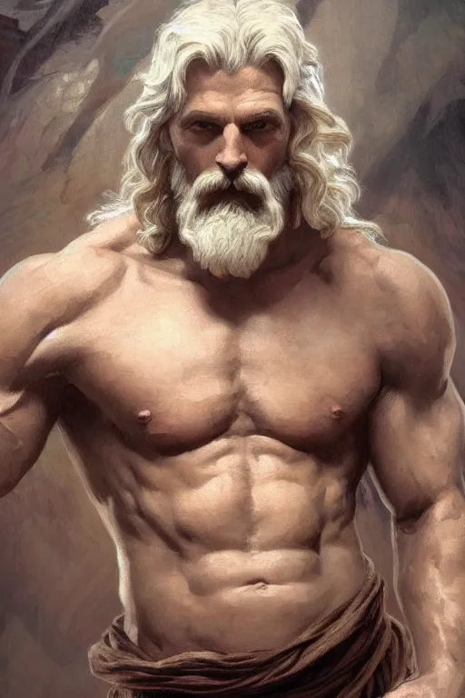 Prompt: painted portrait of rugged zeus, god of thunder, greek god, white hair, masculine, mature, handsome, upper body, anatomy, muscular, hairy torso, fantasy, intricate, elegant, highly detailed, digital painting, artstation, concept art, smooth, sharp focus, illustration, art by gaston bussiere and alphonse mucha