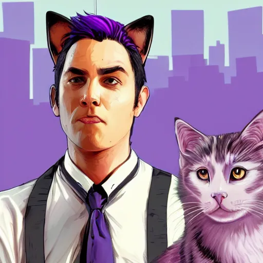 Image similar to A young man with cat ears and purple hair in GTA V, cover art by Stephen Bliss, artstation