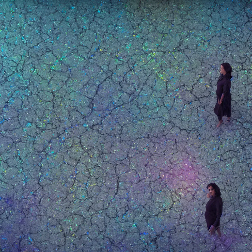 Image similar to overhead view of iridiscent oil slick and eroded stones with a woman's connected by a transparent pipe to a baby buried, faded, gradient, depth of field, ultra realistic, very detailed, glitch, by nadav kander, 8 k hyper realistic detailed cinematic
