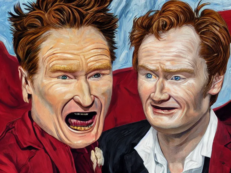 Prompt: Close-up portrait of Conan O'Brien , painting by Paula Rego, high detail, high resolution