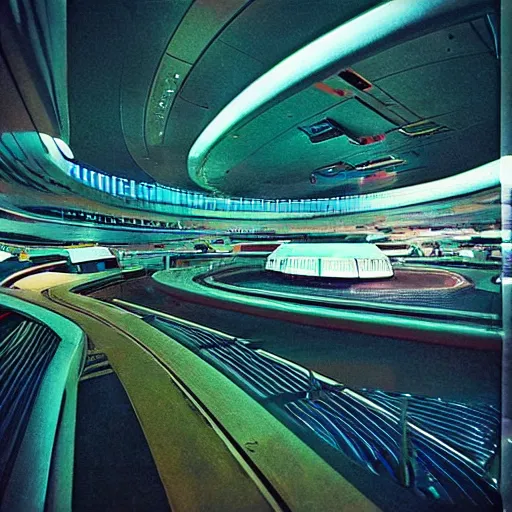 Prompt: “futuristic spaceport photography, various subjects, cinestill 800t, in the style of William eggleston”