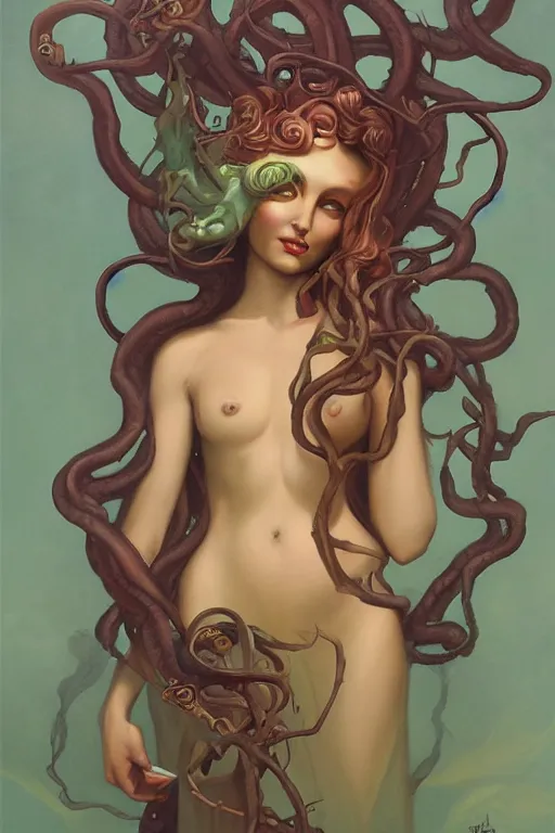 Image similar to Medusa by Peter Mohrbacher in the style of Gaston Bussière, Art Nouveau