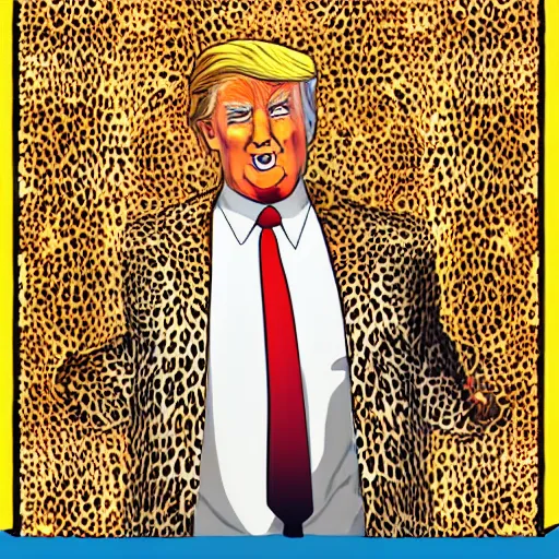 Prompt: colorful illustrated realistic rendition of President Trump wearing a leopard print pimp suit, standing on top of a white Cadillac. His golden hair combed over, golden hour portrait, classical art style