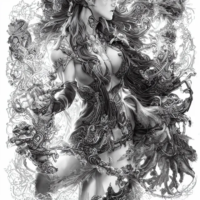 Image similar to the portrait of chaotic good female druid alchemist as absurdly beautiful, gorgeous, elegant, young gravure idol, an ultrafine hyperdetailed illustration by kim jung gi, irakli nadar, intricate linework, sharp focus, bright colors, octopath traveler, final fantasy, unreal engine 5 highly rendered, global illumination, radiant light, detailed and intricate environment