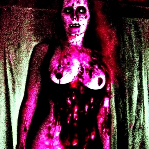 Image similar to a woman whos body is static losing frequency phasing out, dark eerie photo taken by digital hollywood, bleeding rich decaying colors!