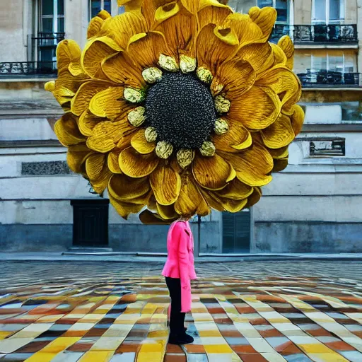 Image similar to giant flower head, woman walking in paris, surreal photography, symmetry, flat space, fanciful, bright colours, detailed, wes anderson