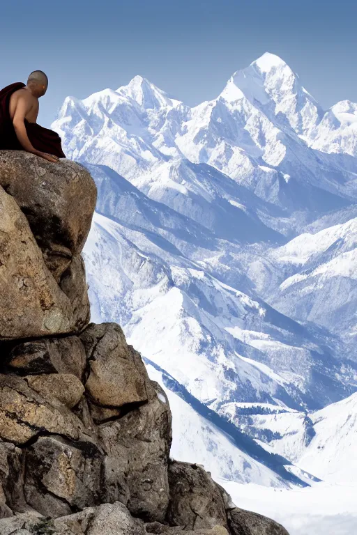 Prompt: A monk with his back to the camera sits beside a rock on the top of a mountain, looking at the snowy Himalayas in the distance, faith,4k, realistic,photography,landscape,high contrast,trending on artstation.