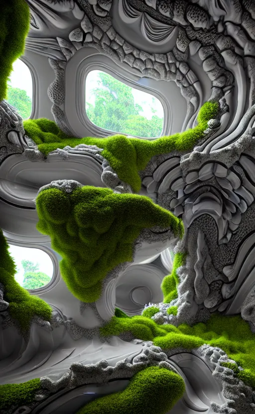 Prompt: highly detailed ultra sharp 3 d render villa interior cinematic composition of a smooth ceramic porcelain biomorphic magnolia stone nebula fluid fractal sci - fi surreal architecture landscape, corals, granite, marble, moss, lichen, callebaut composition, mamou - mani, archviz, beautiful lighting, 8 k, unreal engine, hdr