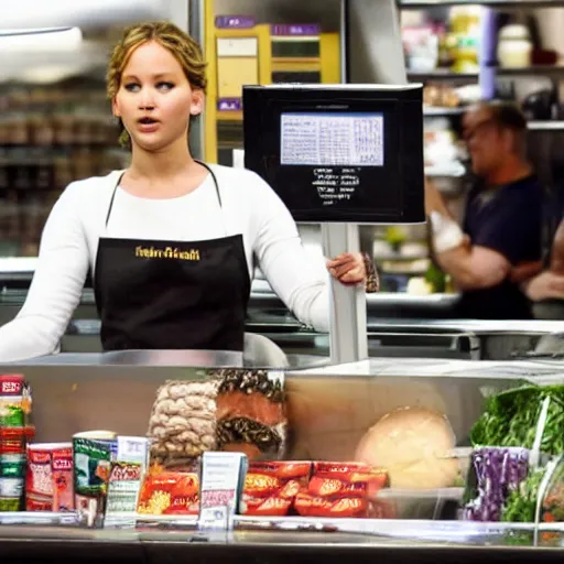 Prompt: jennifer lawrence working the deli counter