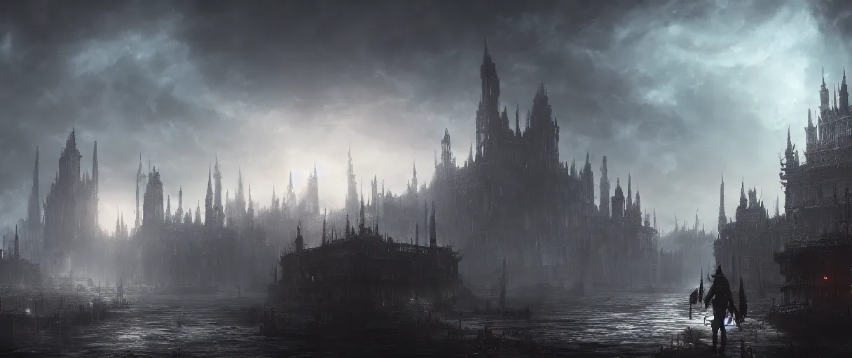 Image similar to large floating islands, concept art, digital painting, in the style of Bloodborne, dark souls, demon souls, mega city, dark, night time, volumetric lighting, large scale, high detail, trending on artstation