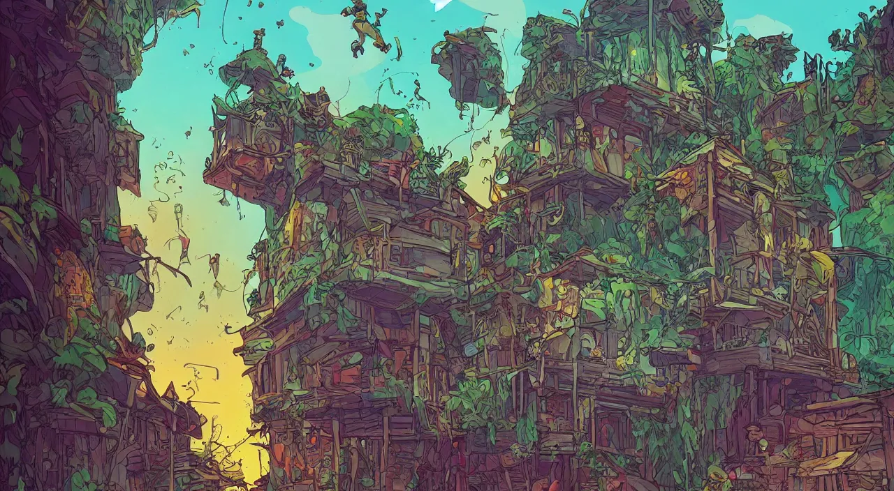 Image similar to open door wood wall fortress child house flag amazon jungle on portal unknow world ambiant fornite colorful that looks like it is from borderlands and by feng zhu and loish and laurie greasley, victo ngai, andreas rocha, john harris