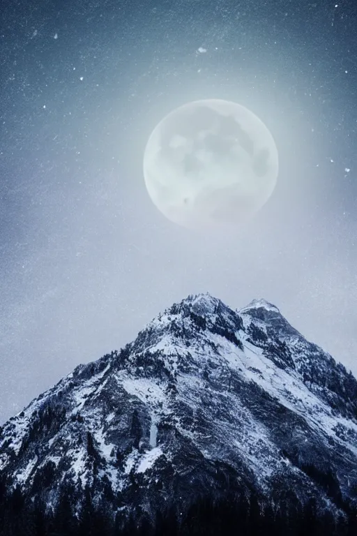 Image similar to digital matte fantasy dreamy mountain scape dark tones snow, crescent moon, wolf, 8 k by geometrieva