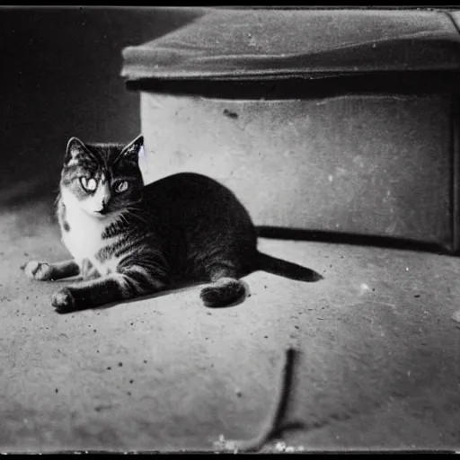 Image similar to standard issued cat in an emergency package in world war I. world war I photography. high resolution. grainy photo. W-1024