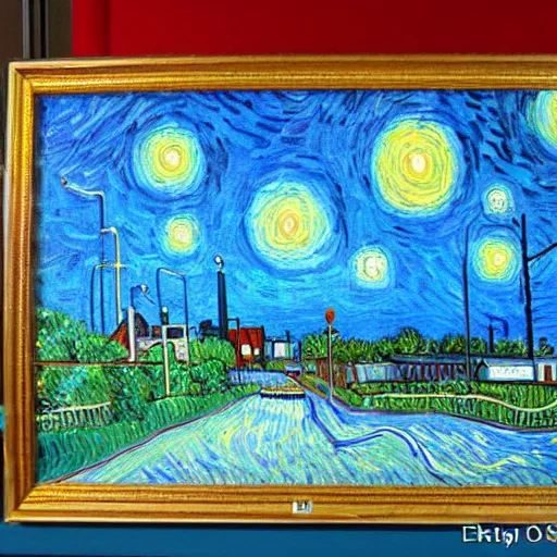 Image similar to a painting of moncton, new brunswick, in the style of van gogh