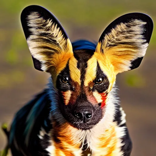 Image similar to A photo of the world's greatest showman: the african painted dog dressed in a hat!