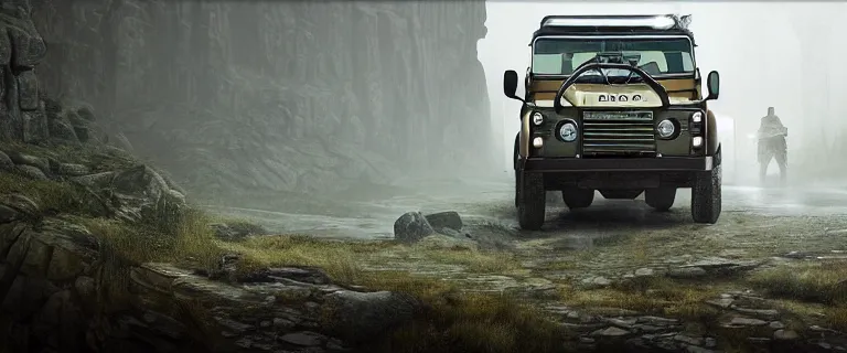 Prompt: Land Rover Defender 110 (1985), The Elder Scrolls V: Skyrim, Markarth, The Reach, ancient brass dwemer ruins, brass debris, brass and steam technology, an epic fantasy, dramatic lighting, cinematic, establishing shot, extremely high detail, photorealistic, cinematic lighting, artstation, by simon stalenhag