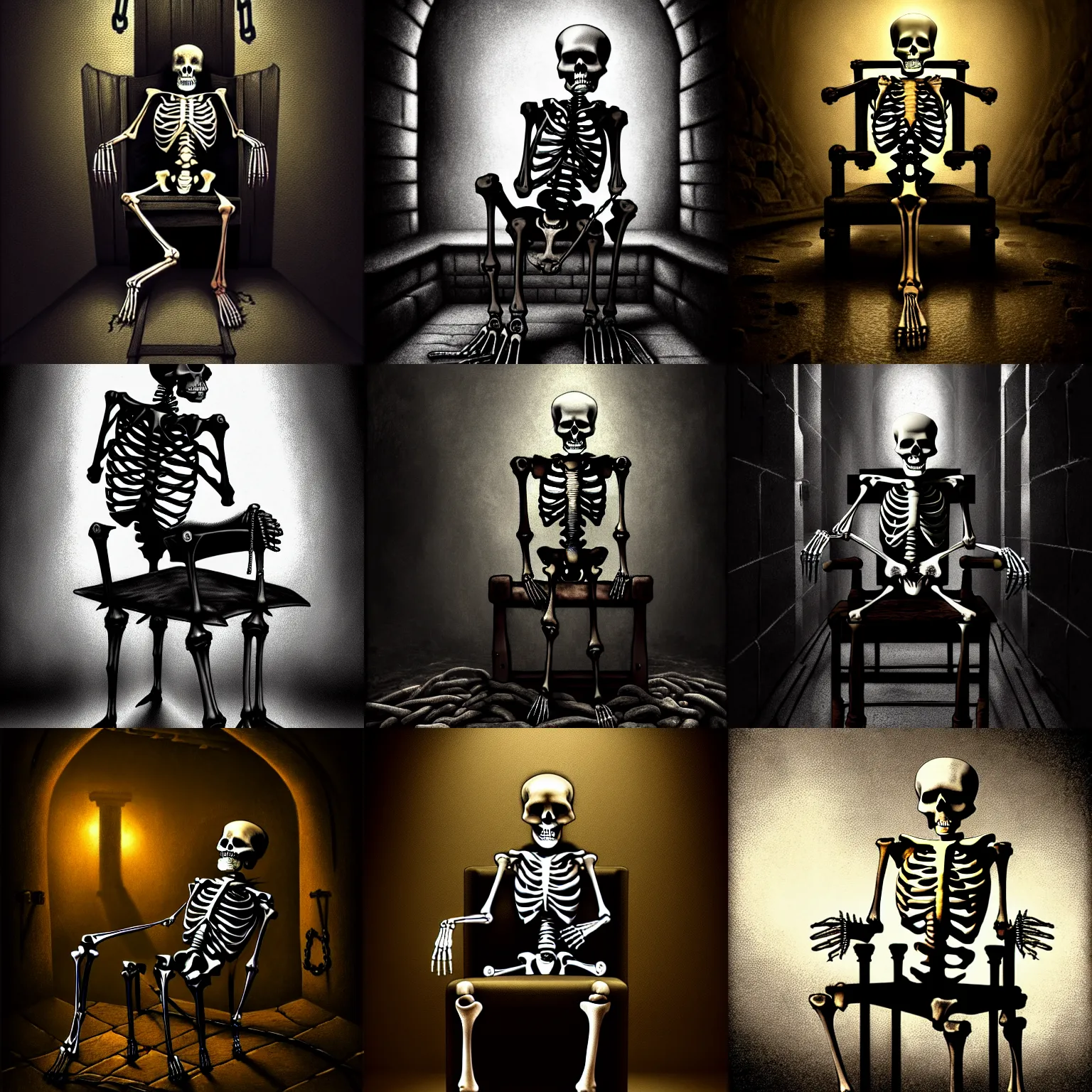 Prompt: a skeleton chained to the chair in a dungeon, dark, detailed, sharp, digital art, surreal, featured on artstation, HD, 8K, highly detailed, masterpiece