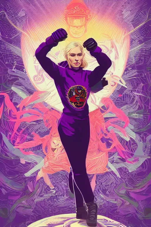 Image similar to a blonde woman mma fighter stands in fighting pose, a shadowy man towers behind her, purple and blue palette, tristan eaton, victo ngai, artgerm, rhads, ross draws