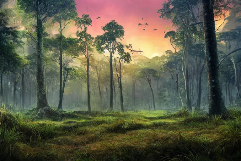 Prompt: the forest during a beautiful sunset, jungle mountains in the background with huge incredibly immense trees, highly detailed, trending on art station, flying birds in the distance, ancient forest like fanal forest or fangorn forest, misty forest, realistic painting, sharp image, jurassic image, hyper realistic art