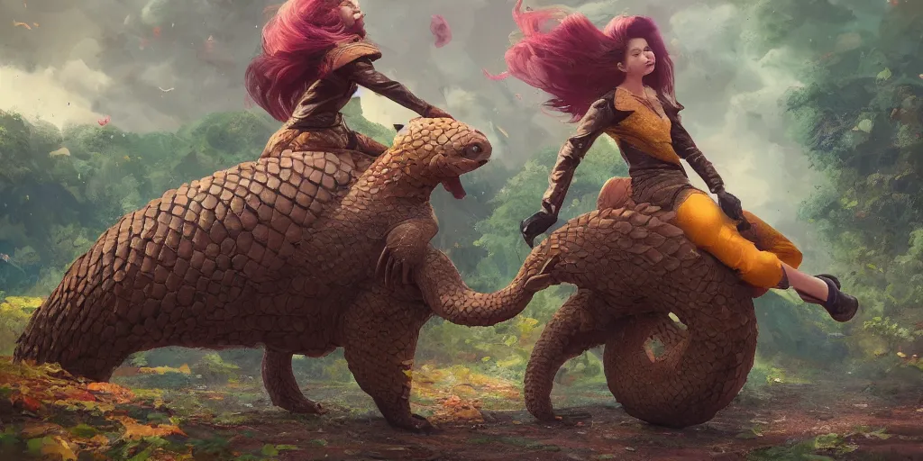 Image similar to rosalia riding a pangolin, colorful, contrast, depth of field, 3 d scene, render, greg rutkowski, zabrocki, karlkka, jayison devadas, trending on artstation, 8 k, ultra wide angle, zenith view, pincushion lens effect