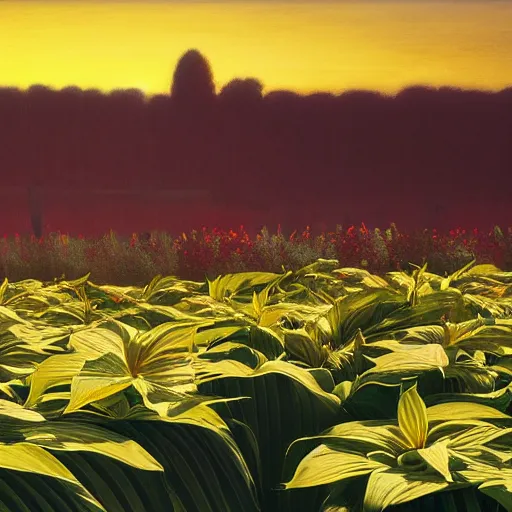 Prompt: matte painting field of hostas, monsteras, diefenbachias at sunset, vibrant by Edward Hopper and Mikko Lagerstedt