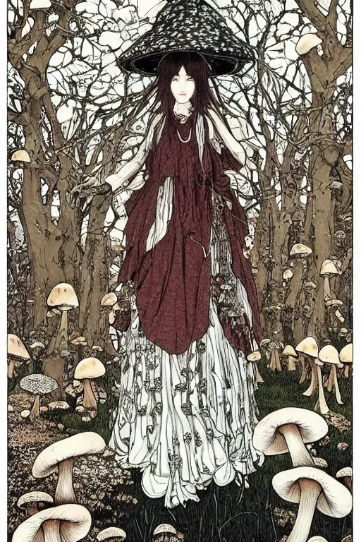 Prompt: mushroomfolk in a in a dress consisting of mushrooms. masterpiece 4k digital design by Takato Yamamoto, award winning, Artstation, Takato Yamamoto aesthetic, Neo-Gothic, gothic, forest on background, intricate details, realistic, hyperdetailed, 8k resolution