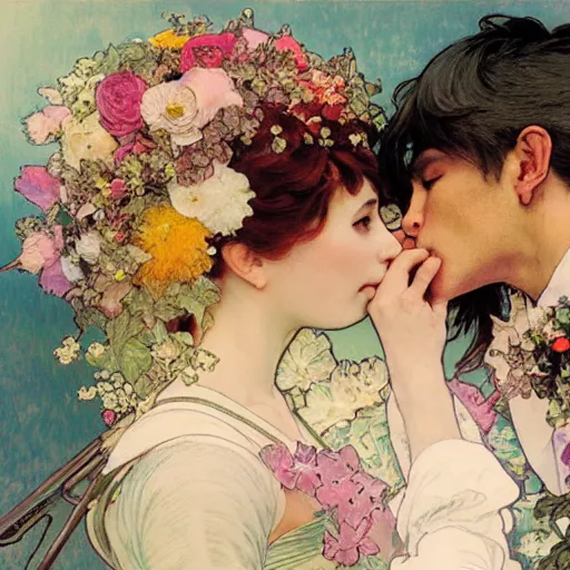 Image similar to the groom kisses the bride at a wedding full of flowers, bright and happy, dreamlike art, highly detail, 4 k realistic, wedding photoy krenz cushart. artem demura. alphonse mucha. yoji shinkawa artgerm. jon lothian. danilo torres. adi meyers. thomas reimann. gaston bussiere.