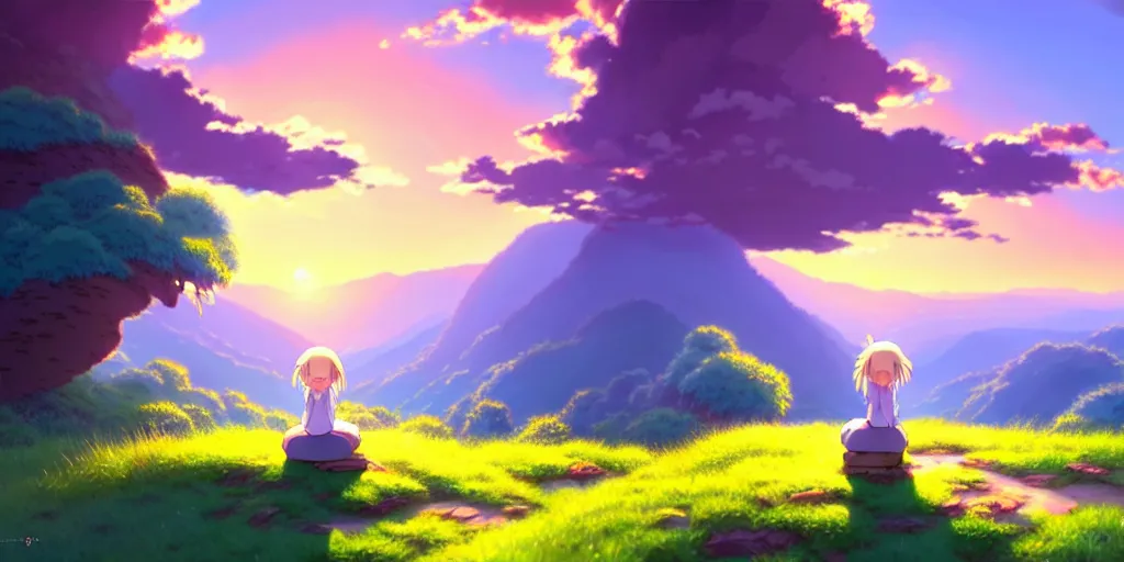 Image similar to the girl and the cat. beautiful sunrise. small village in the mountains. rocky roads, beautifull puffy clouds. anime, studio ghibli. intricate, elegant, super highly detailed, professional digital painting, artstation, concept art, smooth, Unreal Engine 5, 8k resolution, cinema 4d, 3D, beautiful, cinematic