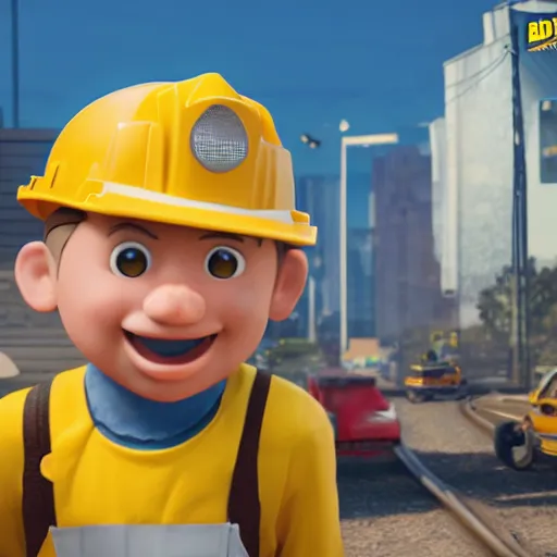 Image similar to bob the builder as a real life human person super realistic, shot from cinematic, hyper detailed, ultra realistic 4k trending on artstation
