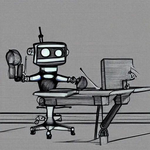 Prompt: lofi robot drawing at his desk, stylized, 3 d artstation