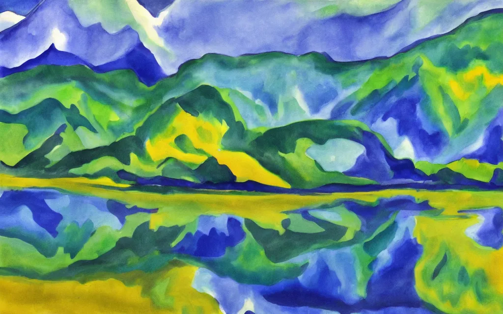 Prompt: the alps and reflection in a lake in the style of georgia o keeffe. colorful, wavy. painting. medium long shot. perspective. color palette of blue, yellow, purple, green.