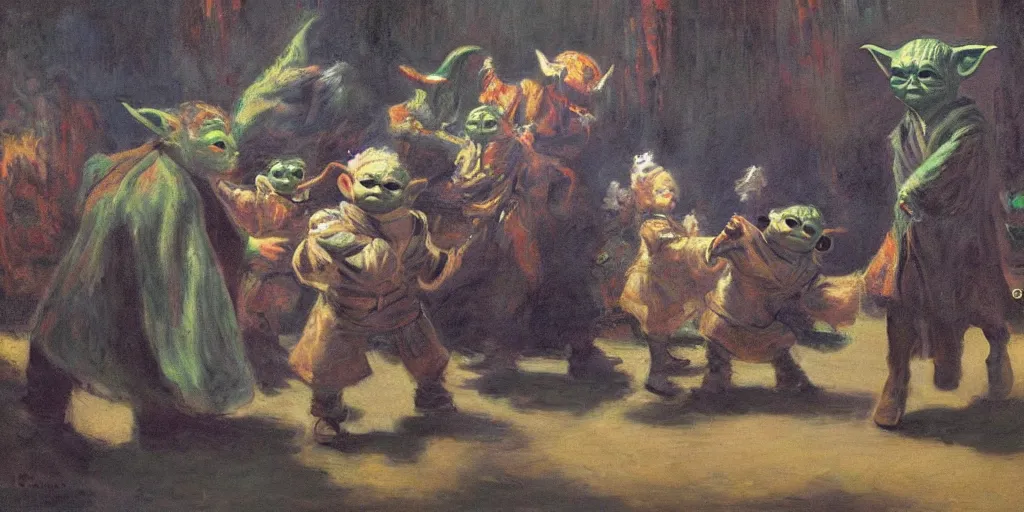 Prompt: Baby Yoda and the Mandalorian dancing, by claude monet and rembrandt, ultra detail, bright natural light, saturated colors