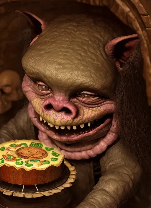 Prompt: highly detailed closeup portrait of a medieval goblin's cake kitchen, unreal engine, nicoletta ceccoli, mark ryden, earl norem, lostfish, hyung tae, frank frazetta, global illumination, detailed and intricate environment