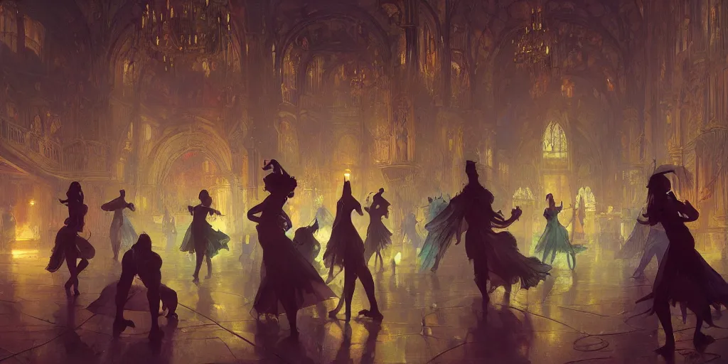 Prompt: beautiful render of a ballroom, concept art, some dancers, at night, medieval!!, bright, artstation, detailled, manga!, fantasy! by greg rutkowski, by alphonse mucha