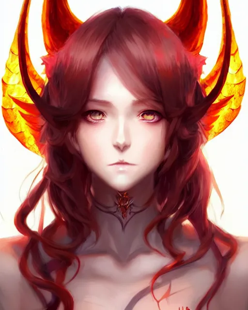 Image similar to character concept art of a woman with fire dragon horns and wings | | very anime, dragon scales, cute - fine - face, pretty face, realistic shaded perfect face, fine details by stanley artgerm lau, wlop, rossdraws, james jean, andrei riabovitchev, marc simonetti, and sakimichan, trending on artstation
