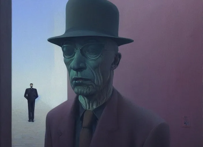 Image similar to portrait painting of the man in the city, science fiction, Edward Hopper and James Gilleard, Zdzislaw Beksinski highly detailed