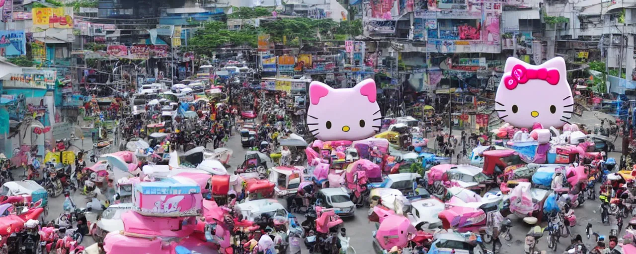 Image similar to giant hello kitty battle mechas attacking the Surabaya city, TV news, amateur photography