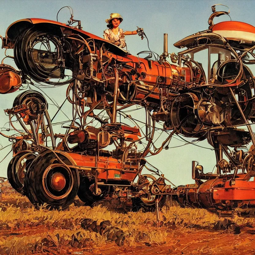 Image similar to a woman driving a flying steampunk retrofuturistic tractor on farm, by syd mead and norman rockwell. highly detailed digital art. retrofuturism. beautiful lighting. trending on artstation.