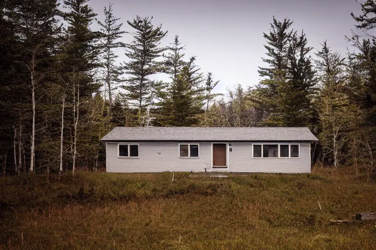 Image similar to a solitary 1 9 6 0 s bungalow style cottage near raven lake, on the outskirts of halifax, ns. hd photography, realistic, inspired by gregory crewdson.