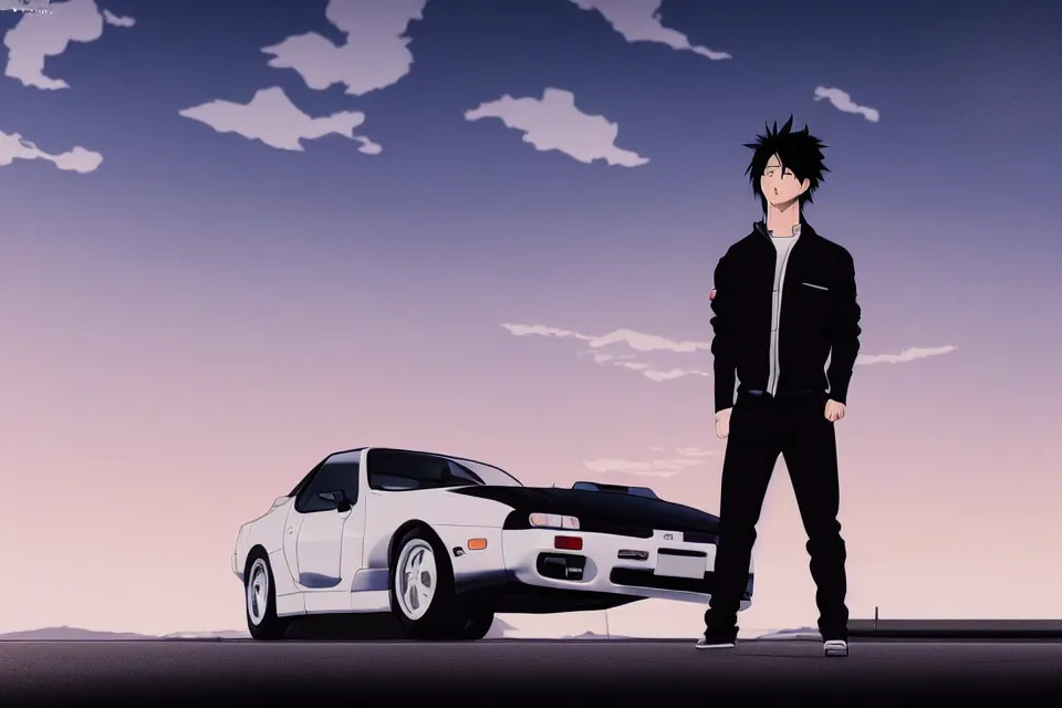 Image similar to aesthetic portrait illustration of ryosuke takahashi with black hair, dark blue shirt and white pants, standing by his white glossy mazda rx 7 on an empty highway at sunrise, cinematic lighting, initial d anime 1 0 8 0 p, 9 0 s anime aesthetic, volumetric lights, rule of thirds, unreal engine 5 render, pinterest wallpaper, trending on artstation