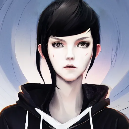 Image similar to a pale skinny white young girl with black hair, the hime cut, 1 8, in a black hoodie, and a cat, apex legends character, digital illustration portrait design, by android jones and greg rutkowski, retrowave color scheme, detailed, cinematic lighting, wide angle action dynamic portrait