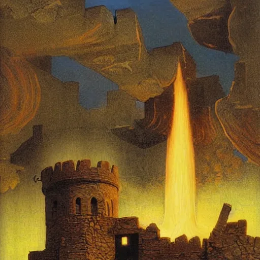 Image similar to a medieval tower exploding and crumbling, the tower tarot card, larry elmore, nc wyeth