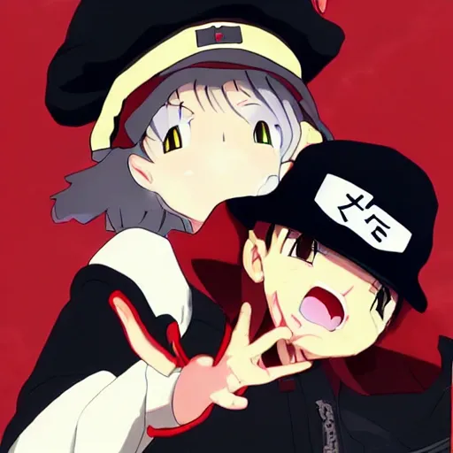 Image similar to anime girl wearing large black beret, black shirt with red star, smug grin, cel - shading, 2 0 0 1 anime, flcl, jet set radio future, golden hour, japanese town, concentrated buildings, japanese neighborhood, electrical wires, cel - shaded, strong shadows, vivid hues, y 2 k aesthetic