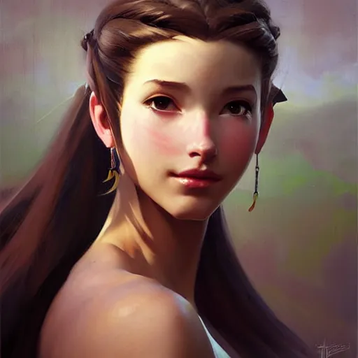 Prompt: Greg Manchess portrait painting o Aerith Gainsborough as Overwatch character, medium shot, asymmetrical, profile picture, Organic Painting, sunny day, Matte Painting, bold shapes, hard edges, street art, trending on artstation, by Huang Guangjian and Gil Elvgren and Sachin Teng